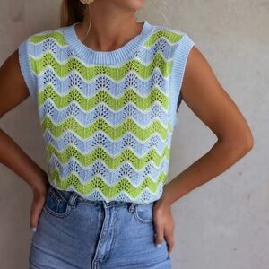 Baby blue and green wavy stripes/vest, sleeveless sweater, medium (runs small).